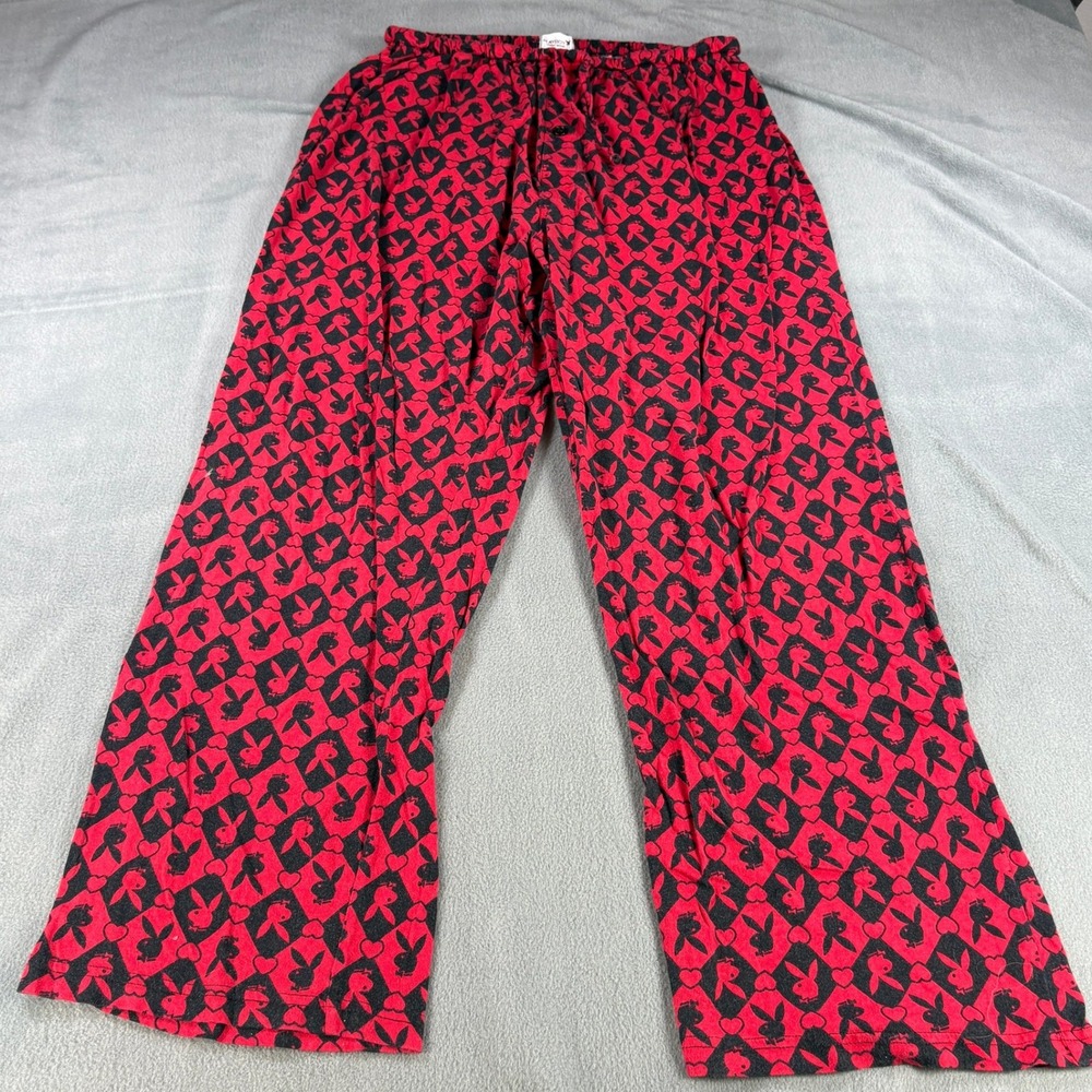 Vintage Playboy Pajama Pants Red Black Argyle Bunny Logo Hearts Mens XL Cotton